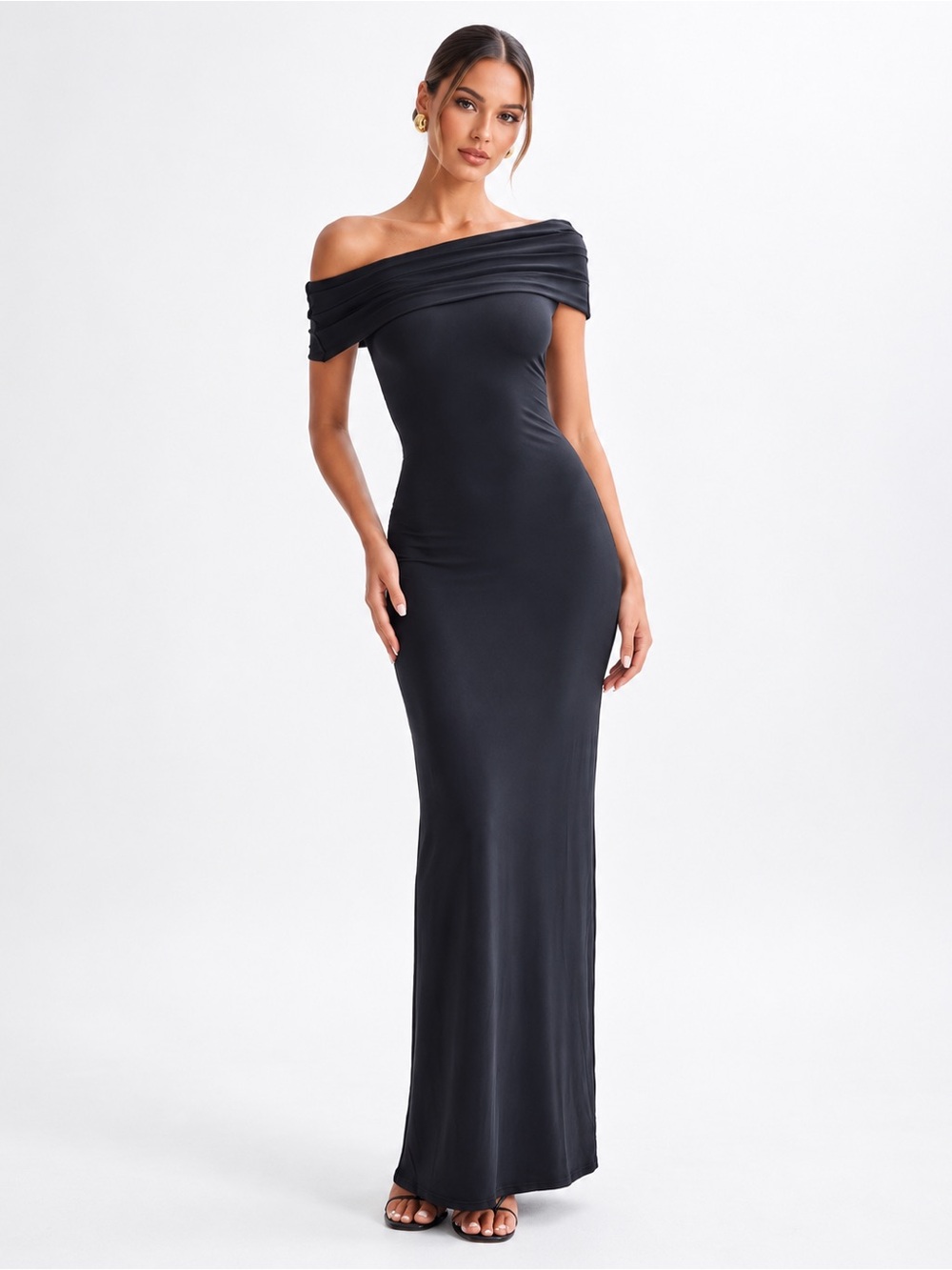 MESHKI Cassandra Off Shoulder Slinky Maxi Dress Black S NWT elegant guest formal